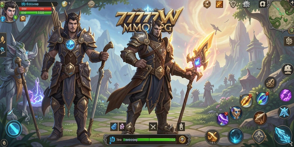 Screenshot utama 7777W menampilkan aksi pertempuran seru di dunia MMORPG.