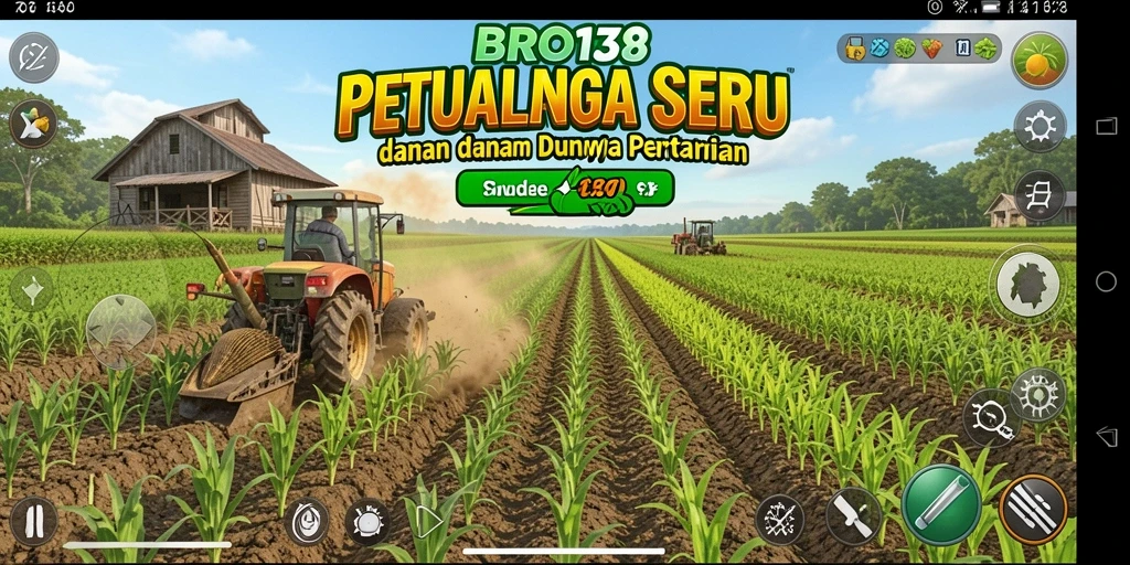 Tampilan gameplay <strong>BRO138</strong> yang menggembirakan dengan lahan pertanian yang subur.