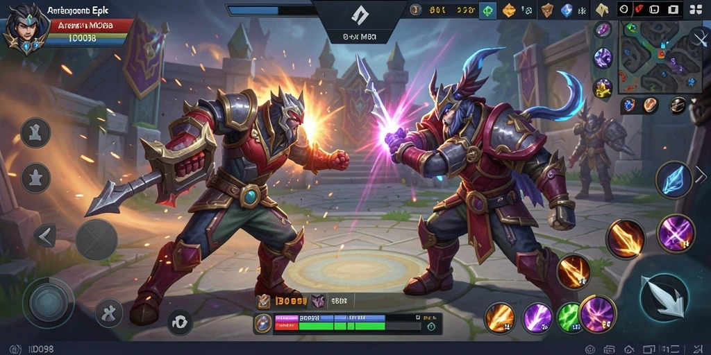 Tangkapan layar ID098 menampilkan aksi seru di arena MOBA.