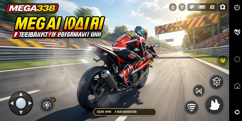 Tampilan gameplay seru dari MEGA338 dengan balapan motor yang menegangkan.