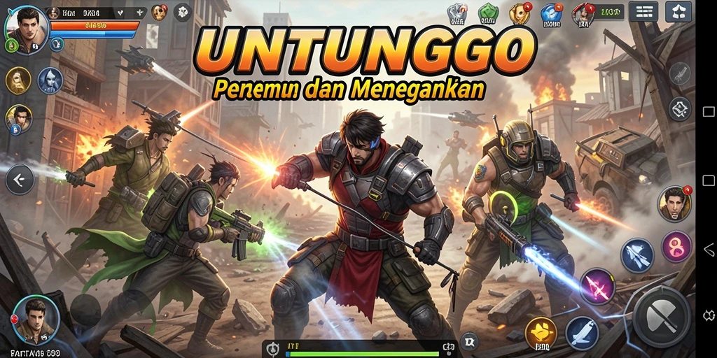 Tangkapan layar utama UNTUNGGO menampilkan aksi pertempuran yang mendebarkan.